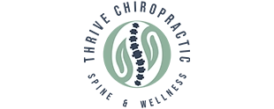 Thrive Chiropractic emblem showing a curved spine illustration within a green oval shape, surrounded by the words ‘Spine & Wellness