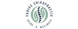 Logo for Thrive Chiropractic Spine & Wellness featuring a stylized spine in dark blue centered within a green leaf design, surrounded by circular text