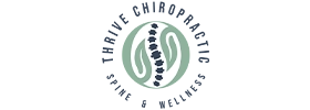 Brand logo for Thrive Chiropractic, depicting a spine inside a leaf-like design, encircled by the clinic name and wellness tagline